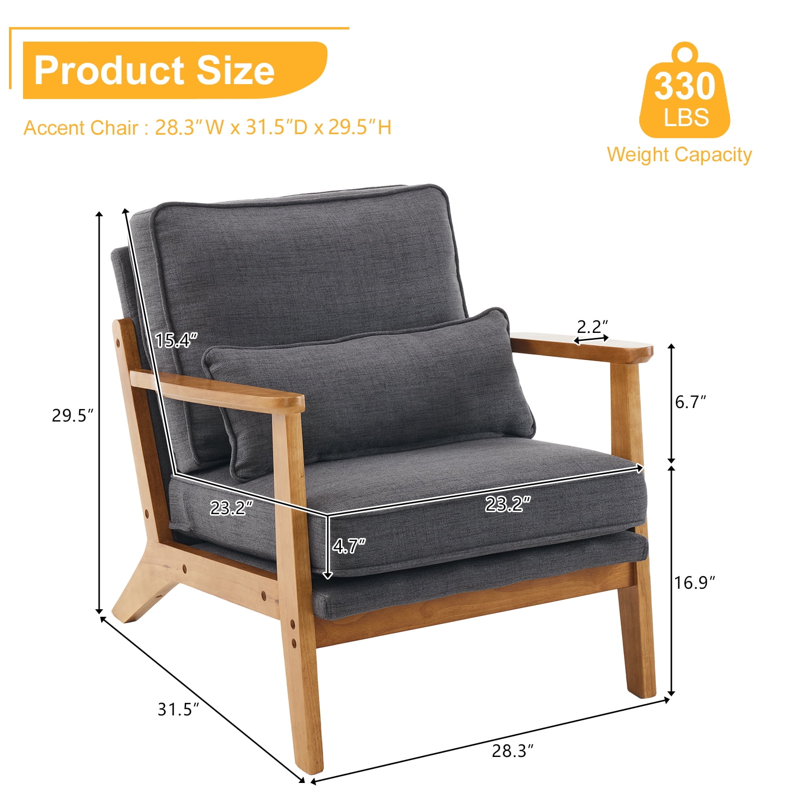 Ktaxon Accent Chair Line Fabric Upholstered Armchair, Reading Club Chair with Pillow for Living Room Bedroom Furniture Gray