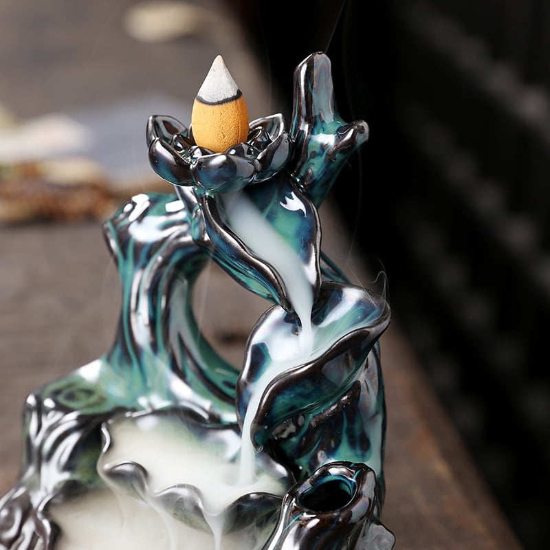 Ceramic Lotus Leaf Aromatherapy Holder Creative Waterfall Lotus Backflow Incense Burner Ornament for Yoga Room Office Bedroom