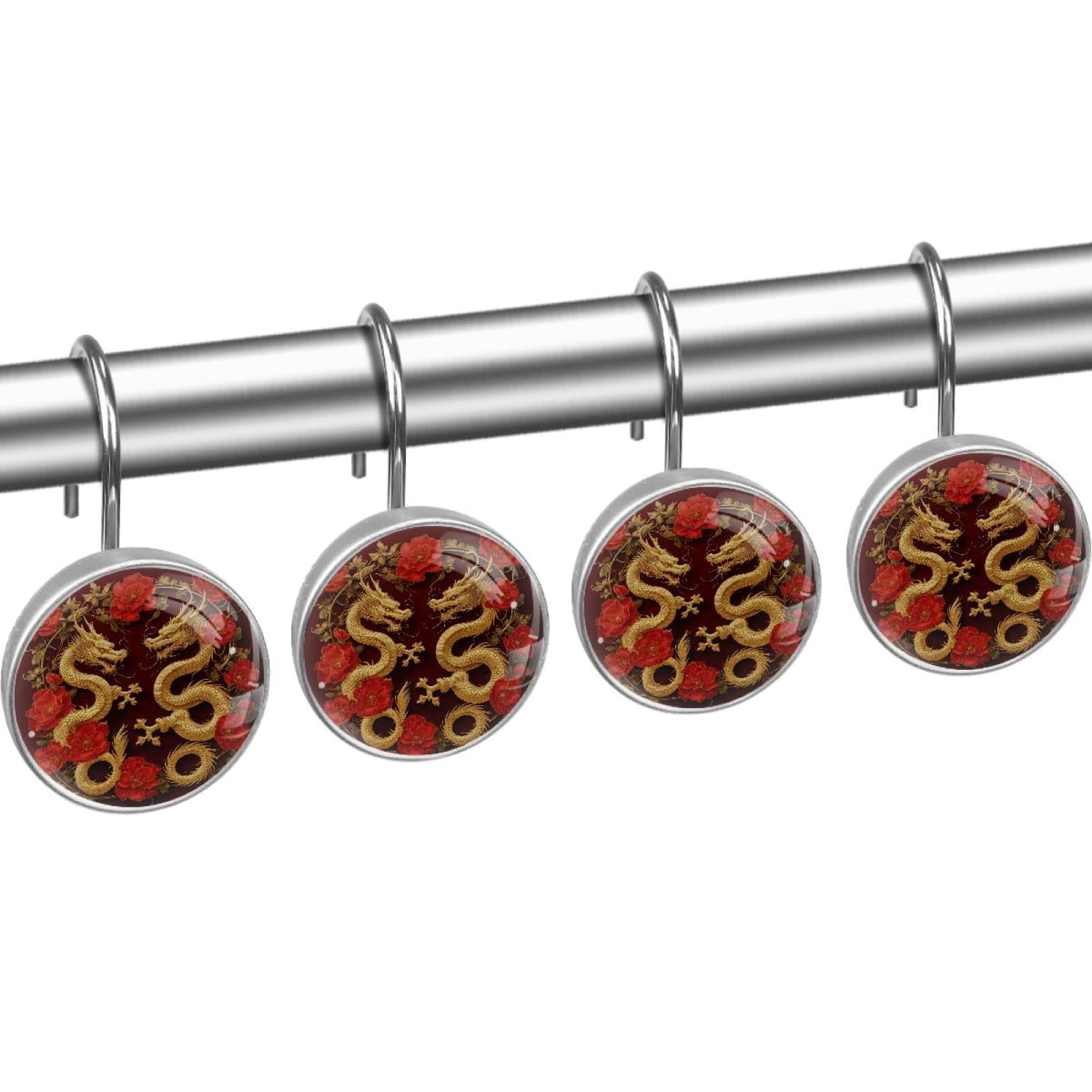 Gold Dragons Poppies Branch Shower Curtain Hooks Round Crystal Glass, Set of 12 Shower Curtain Rings - Shower Hooks for Curtain Shower Rings