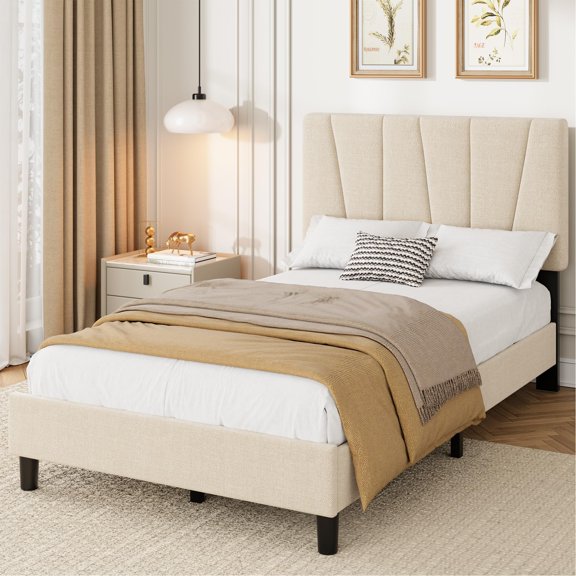 Twin Size Bed Frame with Adjustable Headboard, Linen Upholstered Twin Platform Bedframe with Strong Wooden Slats, Mattress Foundation, No Box Spring Needed, Easy Assembly