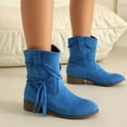 thumbnail image 5 of Viluyesy Womens Mid Calf Boots, Round Toe Chunky Heels Trendy Tassel Fall Winter Western Suede Boots Blue, 5 of 8