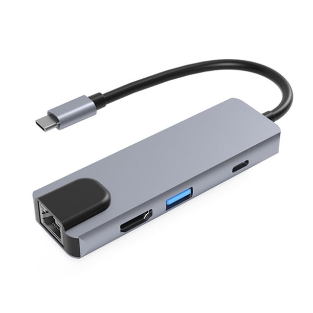 6-en-1 Tipo-C Hub Multifuncional Tipo-C Convertidor Carcasa de aleación de aluminio con 100M RJ45 HD Irfora Gris