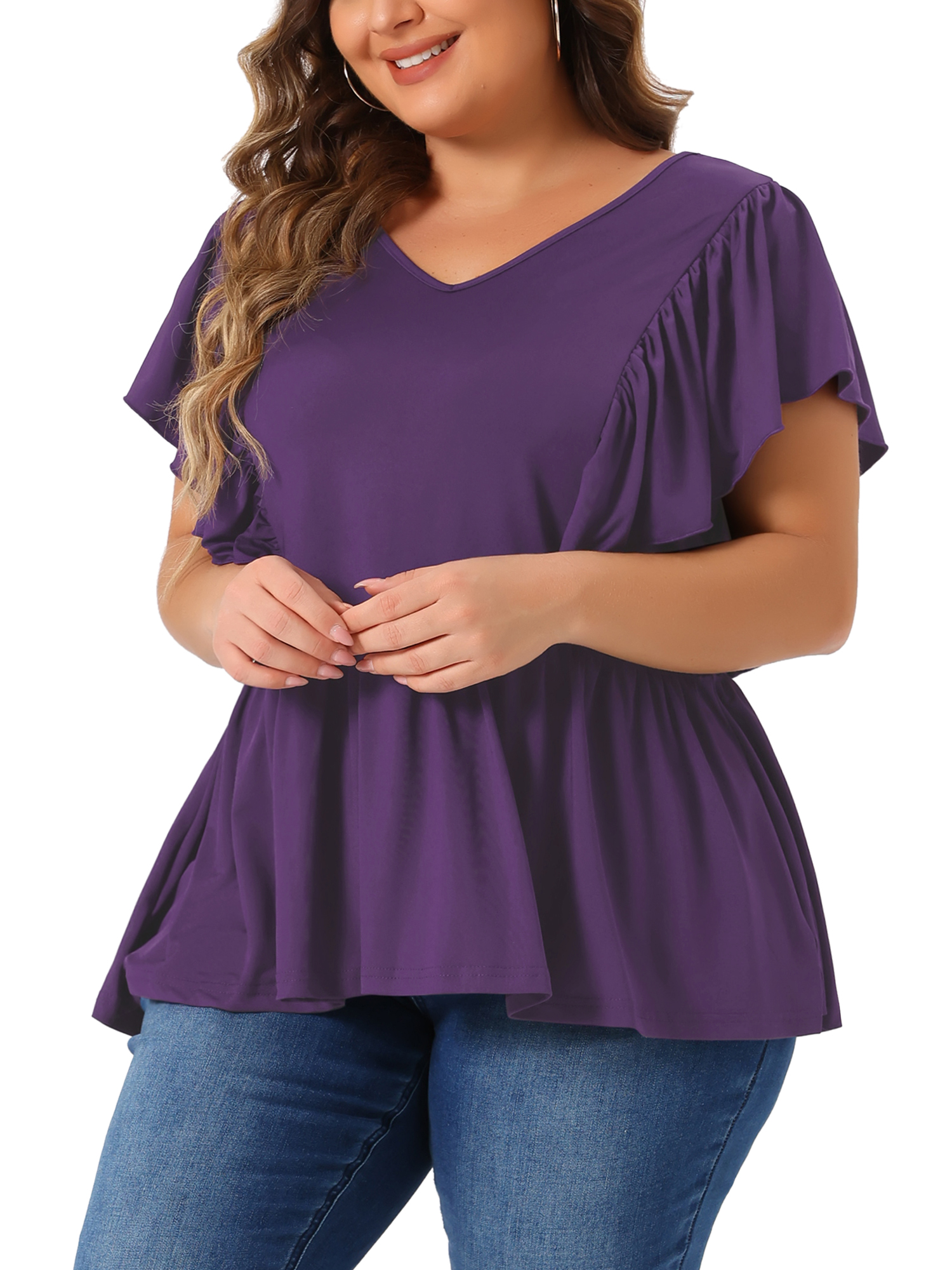 DARING DIVA Women's Plus V Neck Ruffle Sleeve Pleated Peplum Blouse 4X Dark Purple