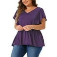thumbnail image 2 of DARING DIVA Women's Plus V Neck Ruffle Sleeve Pleated Peplum Blouse 2X Dark Purple, 2 of 6