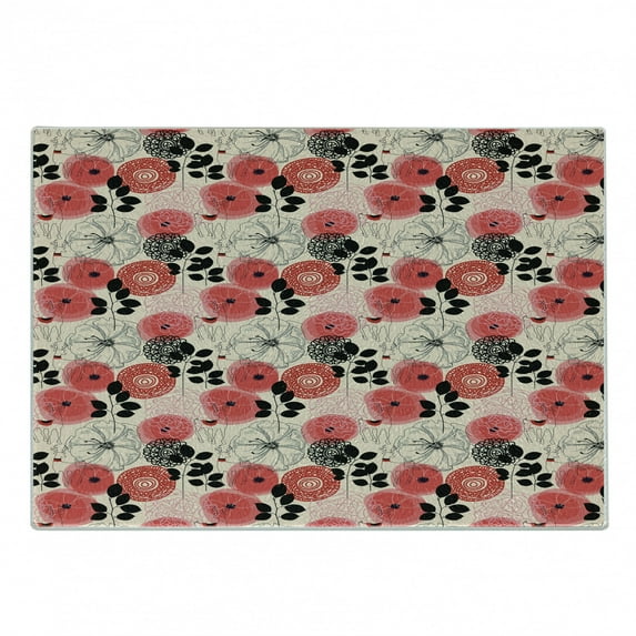 Floral Cutting Board, Modern Abstract Big Circled Abstract Flowers Blossoms and Leaves Art Print, Decorative Tempered Glass Cutting and Serving Board, Small Size, Pink and Black, by Ambesonne