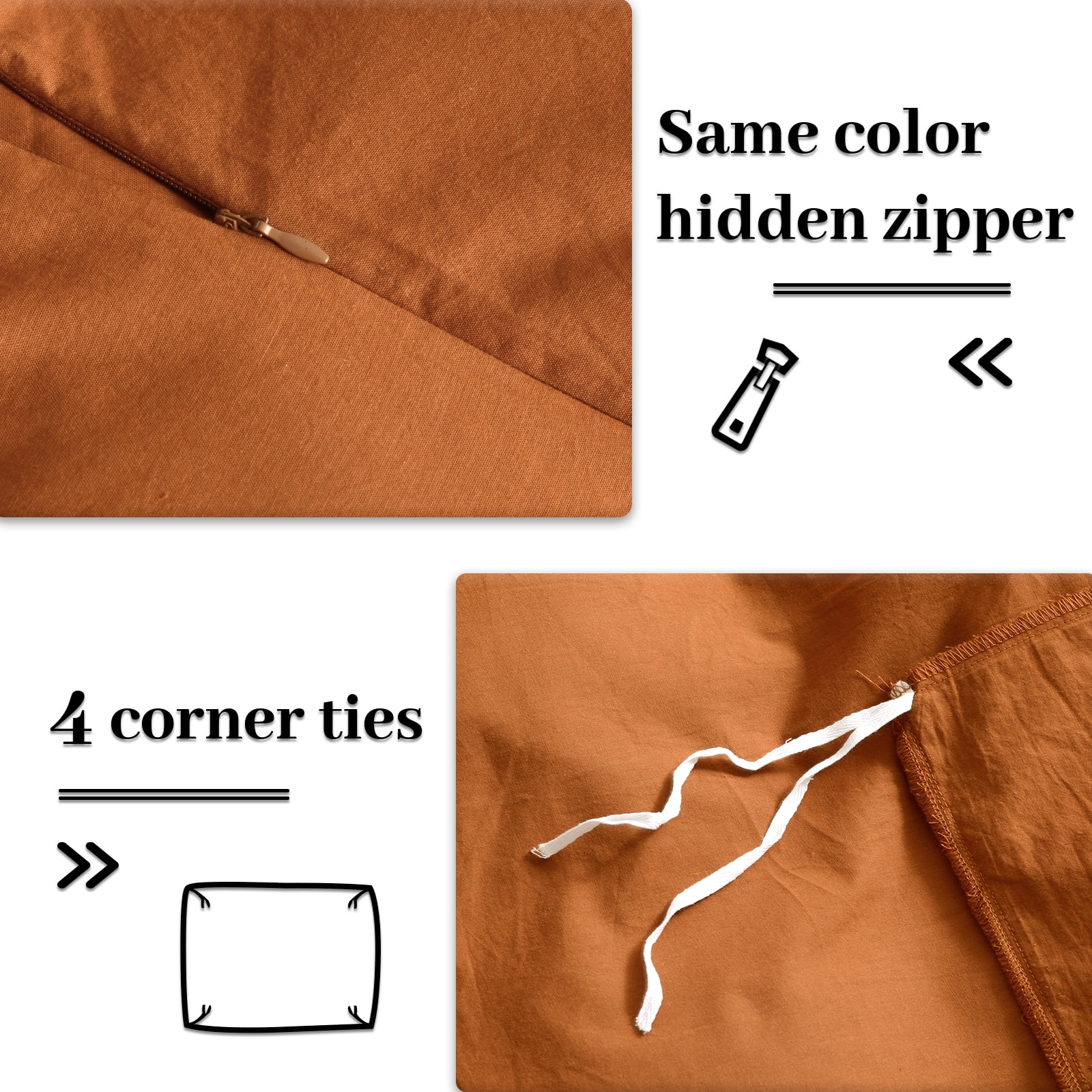NEXHOME PRO Duvet Cover Set 100% Washed Cotton 3 Pieces Linen Breathable Soft Durable Duvet Cover Bedding Set with Zipper Closure, Full Size Burnt Orange (Comforter Not Included)