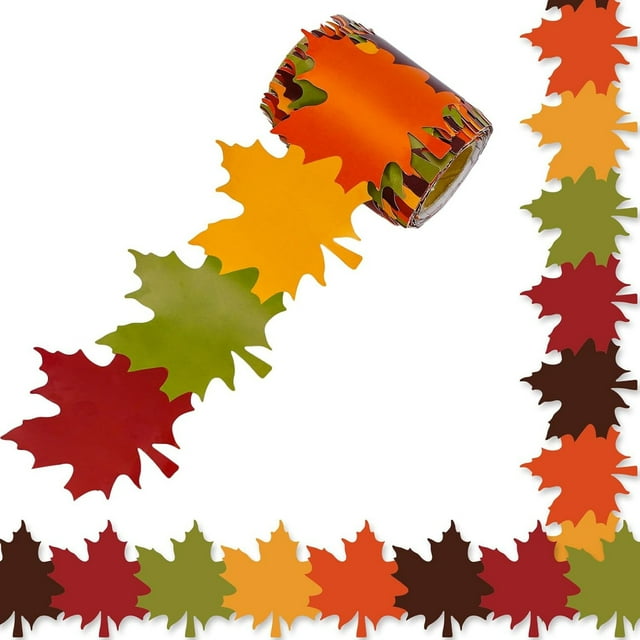 HUASHENG 32.8Ft Fall Bulletin Board Borders Maple Shape Die Cut Bulletin Board Strips Colorful Autumn Rolled Bulletin Board Trim For Fall Classroom Decor