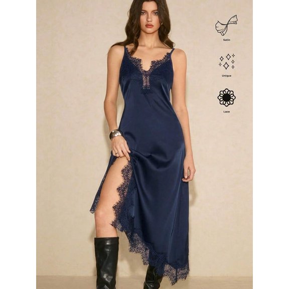 Navy Blue Satin Lace Patchwork High Slit Maxi Slip Dress For Women Elegant Date Night Evening Dinner Dress