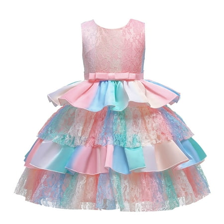 

Youmylove Child Girls Sleeveless Lace Ruffles Bowknot Pageant Dress Birthday Party Kids Rainbow Gown Princess Dress For Winter Cute Clothing