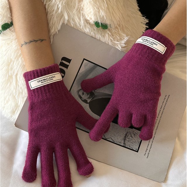 Guantes de lana con etiquetado de color sólido para mujer, guantes de cinco dedos con pantalla táctil tejidos para mujer, otoño e invierno