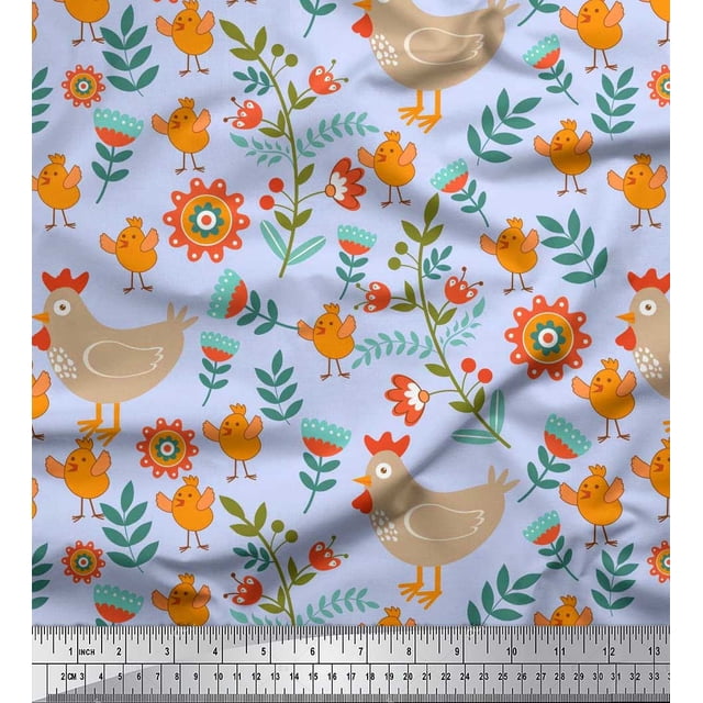 Soimoi Rayon Fabric Leaves,Cock & Chick Cartoon Print Sewing Fabric Yard 42 Inch Wide