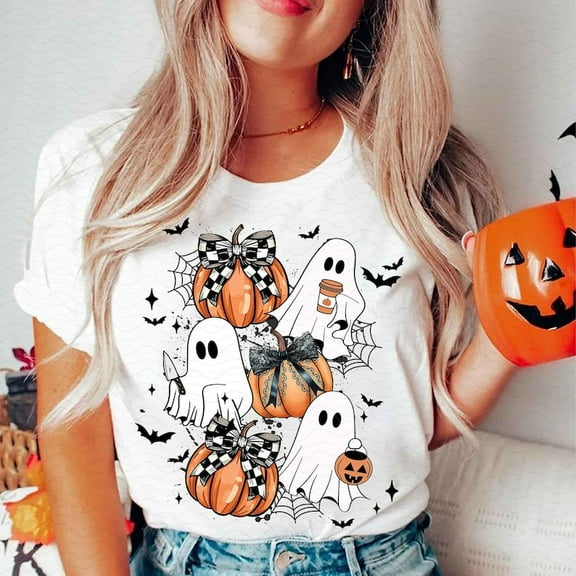 Coquette Halloween Shirt, Spooky Season Bow Tee, Aesthetic Girly Ghost T-Shirt, Trendy Cute Halloween Graphic Shirt for Women, Teens