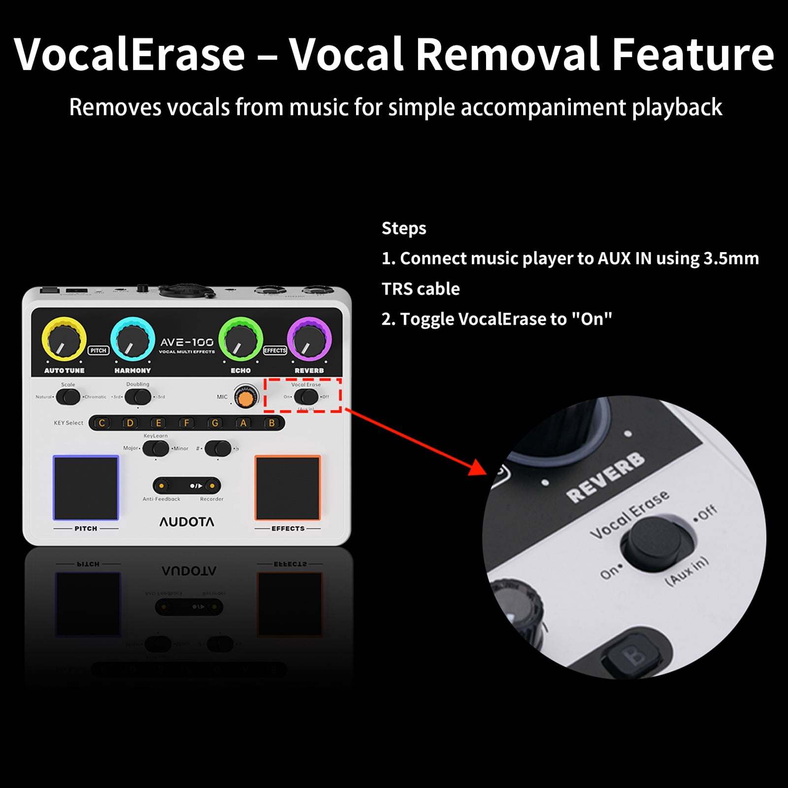 AUDOTA AVE-100 Vocal Multi-effects Processor with Reverb Delay Pitch Correction Three Harmony Modes Automatic Key Detection and Vocal Cancellation Function