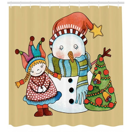 Christmas Shower Curtain Cute Little Toy Girl Snowman And Xmas