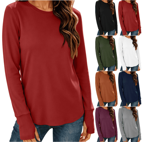 Liuinsasek Long Sleeve Shirts for Women Thumb Holes Base Layer Tops Fashion Loose Solid Color Round Neck Versatile Fall/Winter Tendy Outfits