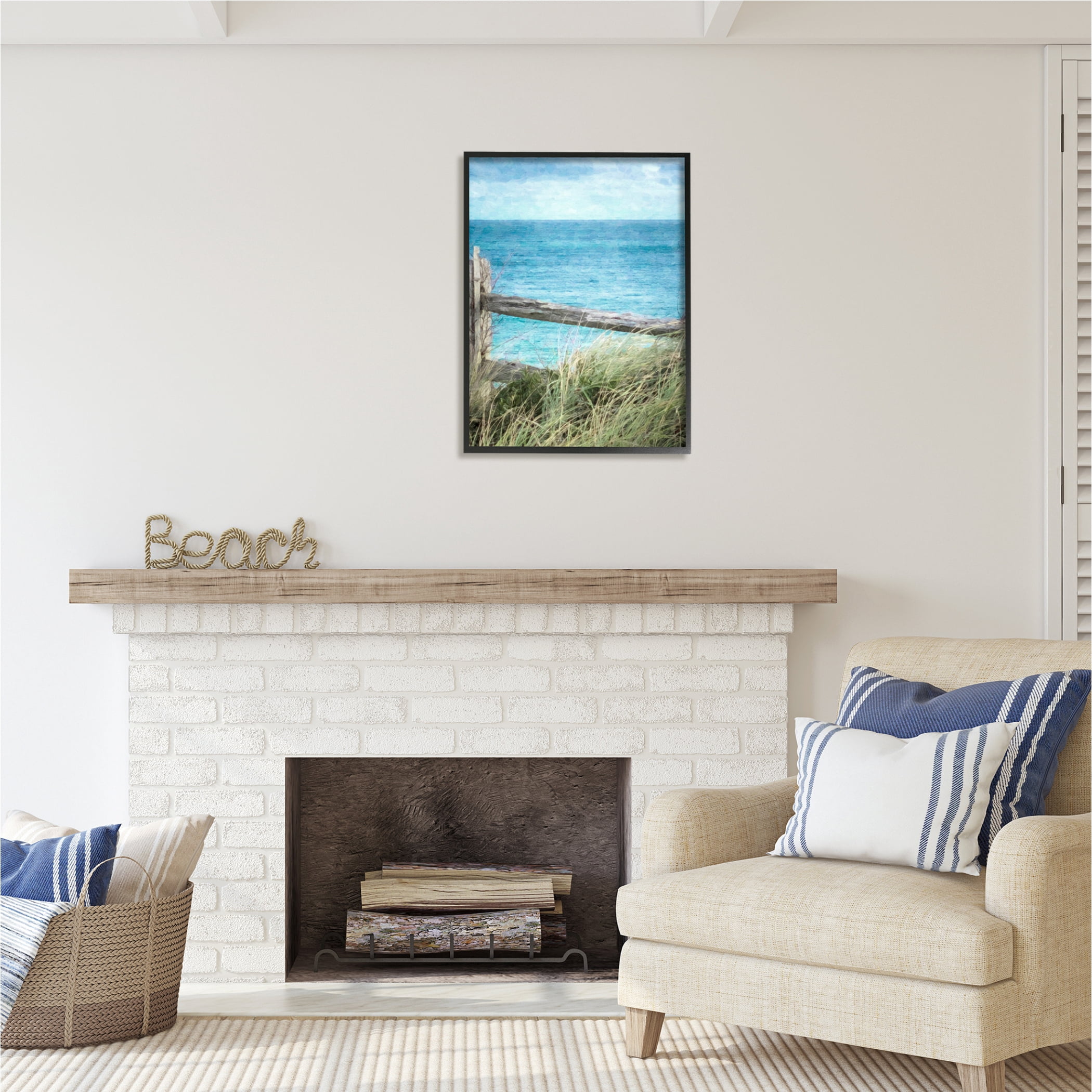 Stupell Industries Waterfront Beach Fence Nature Photography Black Framed Art Print Wall Art, 24 x 30