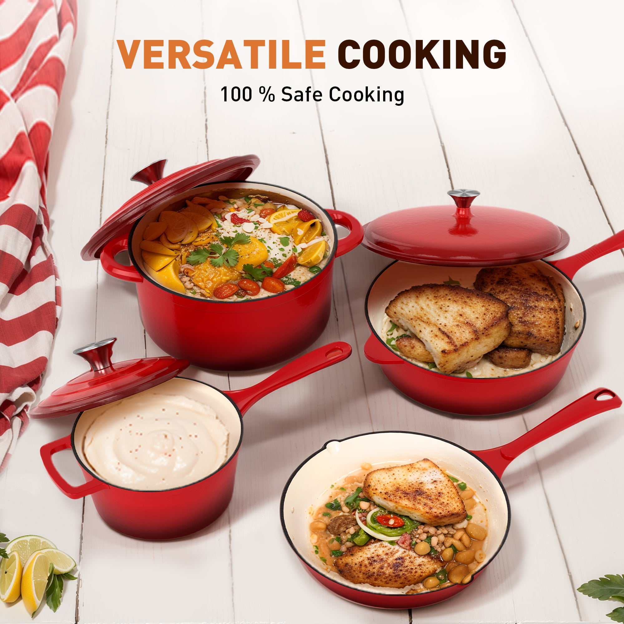 Sophia & William 7 Pieces Enameled Cast Iron Nonstick Cookware Set, Red