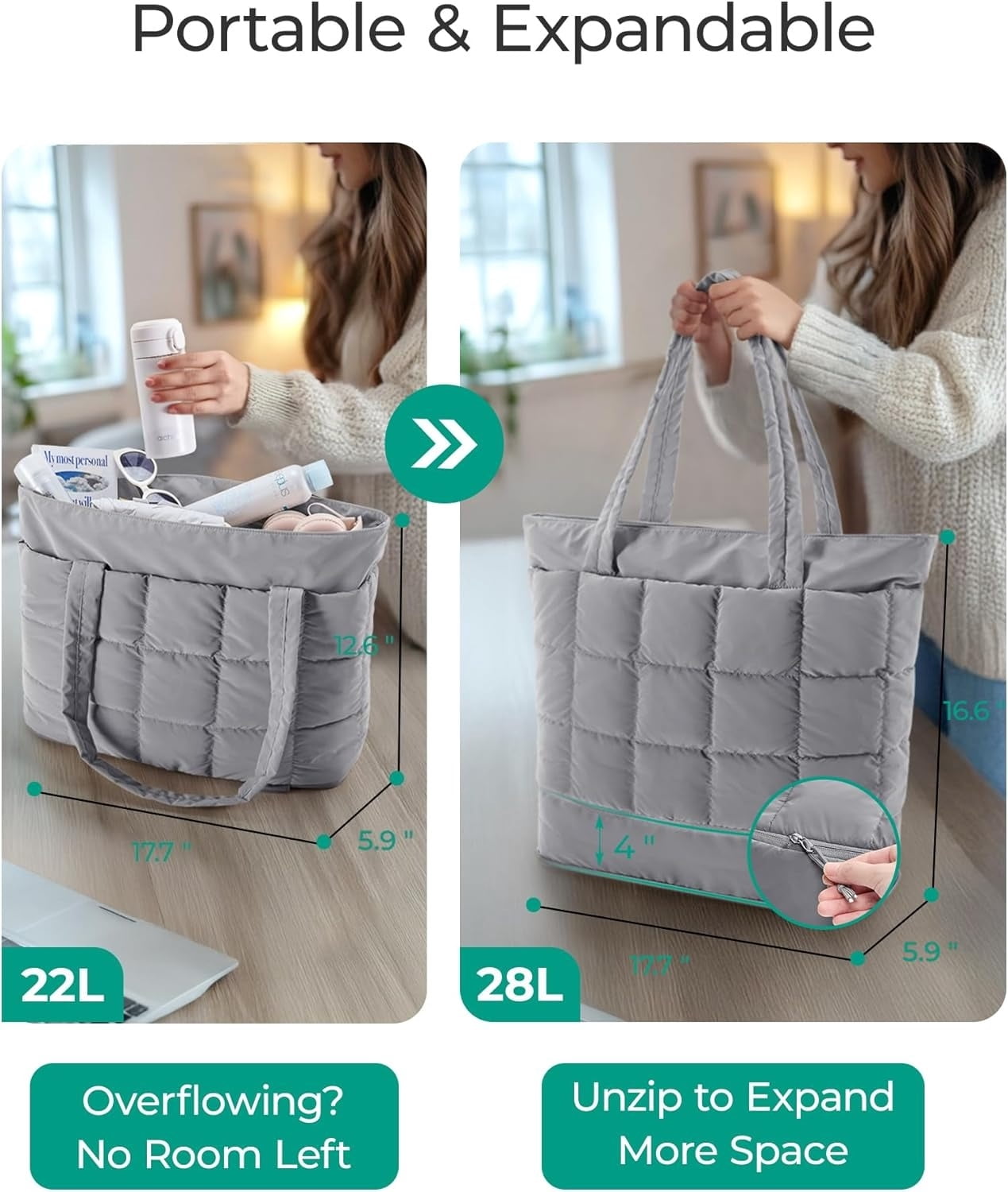 Omlopp Large Tote Bag for Women, Expandable Puffer Work Tote Handbag, Quilted Carry-On Travel Gym Bag-Grey