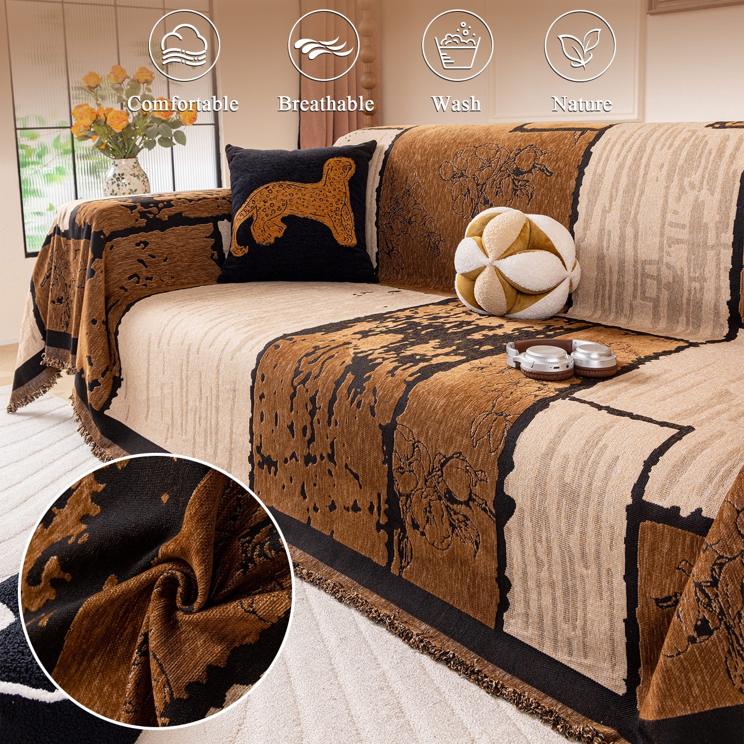 NAYOROOM Vintage Brown Sofa Cover, Couch Covers for 3 Cushion Couch Sofa, Sectional Couch Covers for Living Room Sofa Throws Sofa Slipcovers (71"x 118",Large )