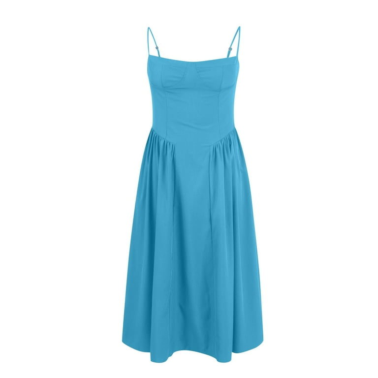 Snnmblm Sleeveless Corset Dress for Women 2024 Elegant Spaghetti Strap Midi Dress Flowy Pleated Hem Low Cut Prom Dresses Blue 2XL