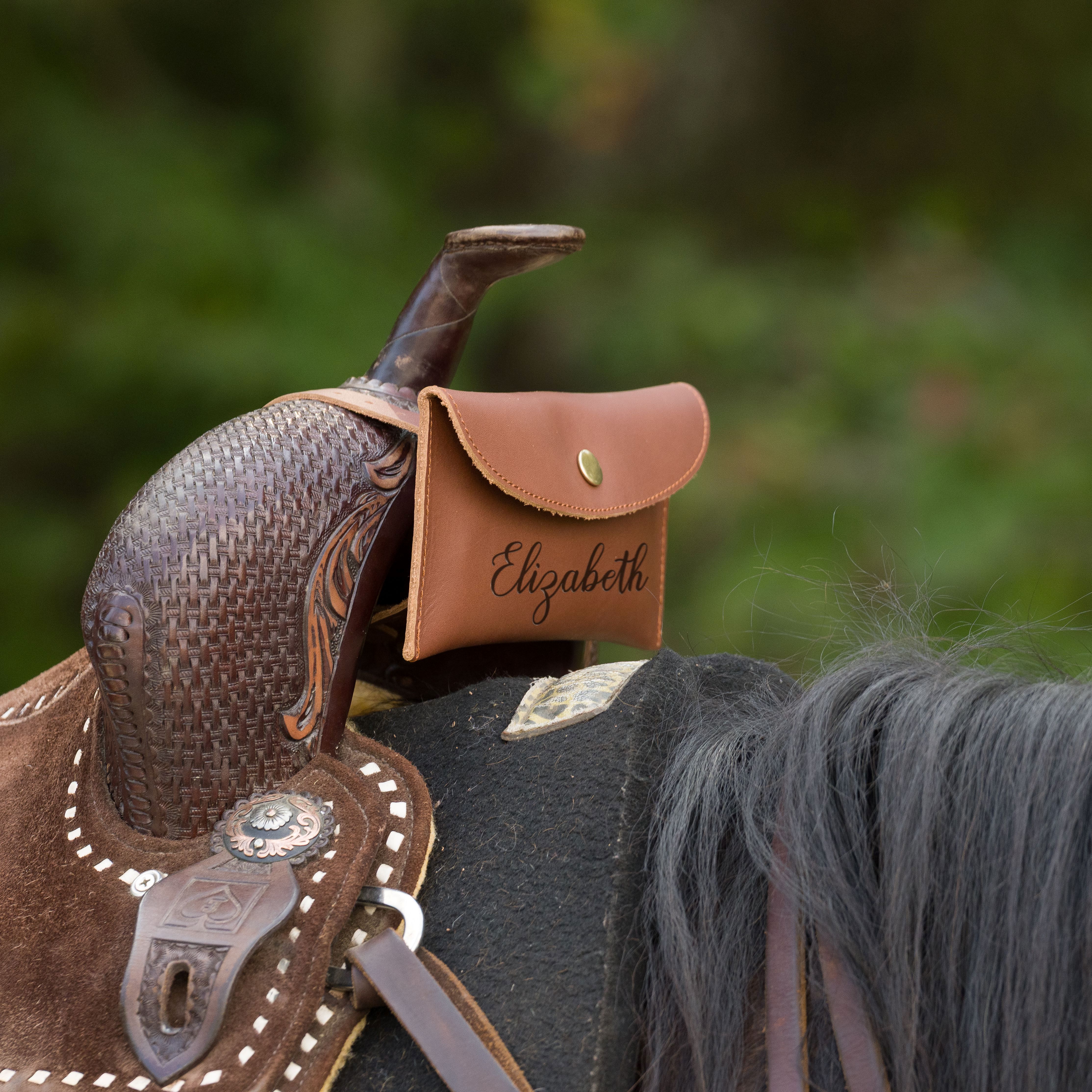 Personalized Genuine Leather Saddle Bag, Horse Tack Phone Holder, Equestrian Riding Accessory, Gift for Horse Lovers