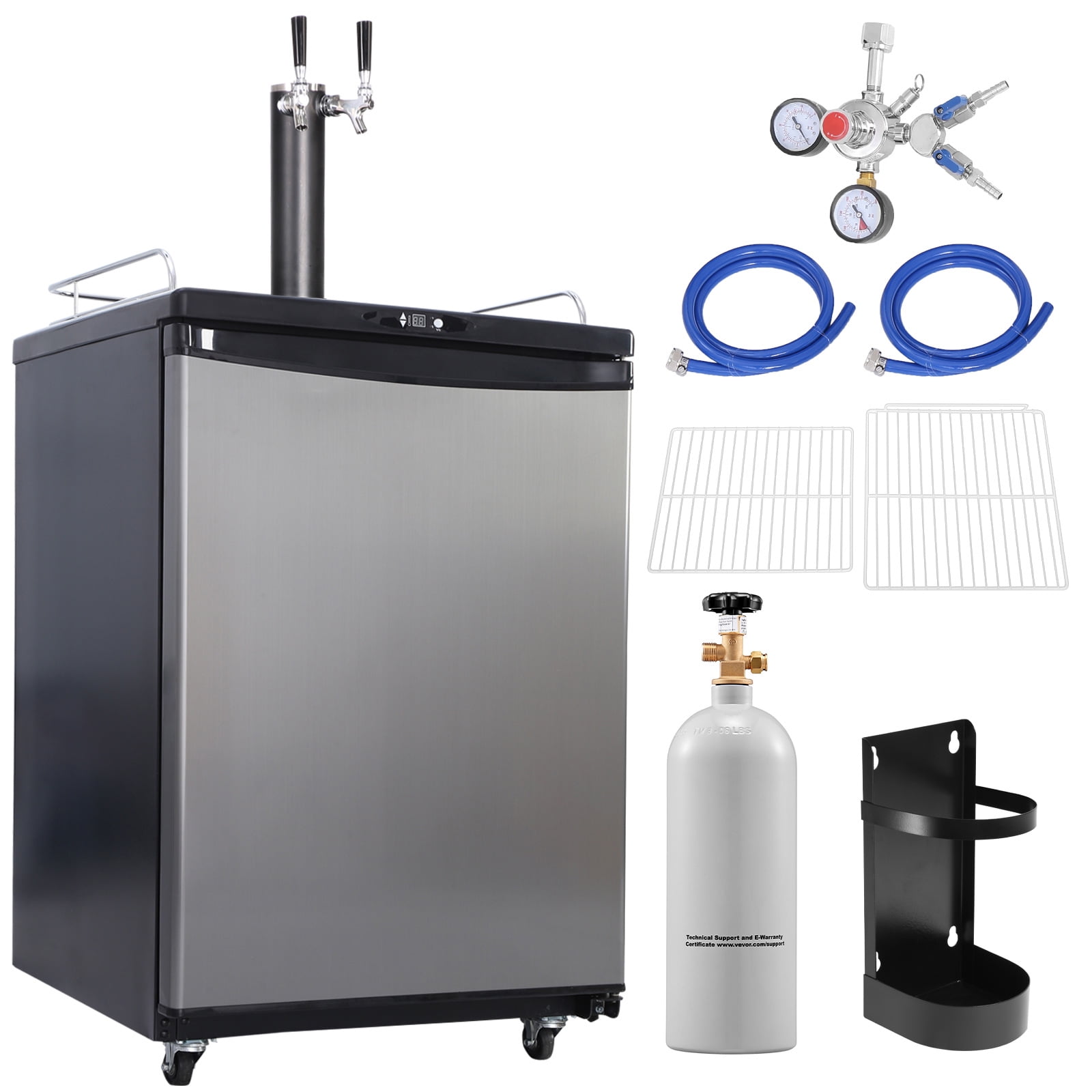 KFFKFF Dual Tap Beer Cooler, Adjustable Temp Keg Fridge, Includes CO2 Tank, Drip Tray & Guardrail, Fits 1/6, 1/4, 1/2 Kegs, Black