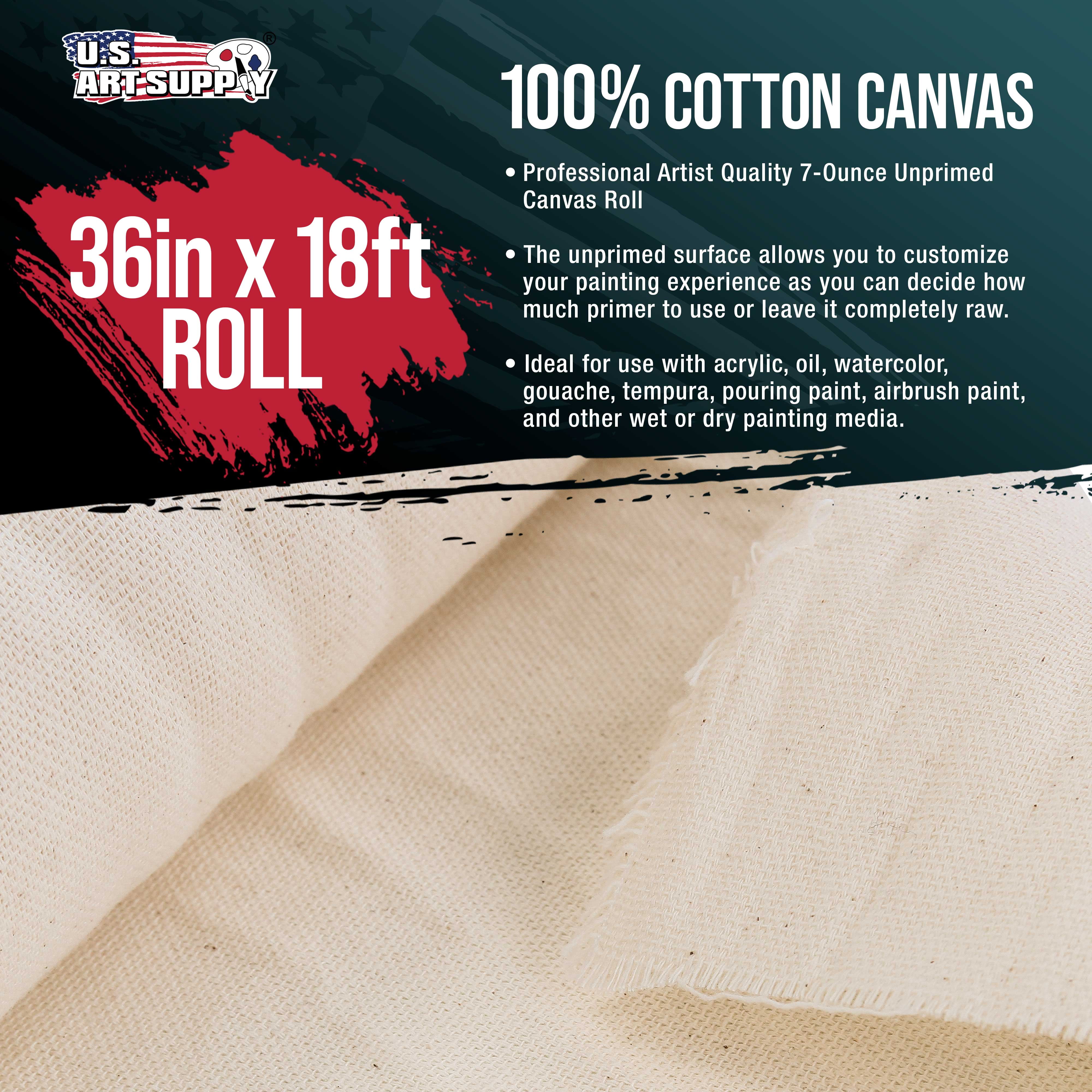U.S. Art Supply 7-Ounce Unprimed 36" Wide x 6 Yards (18 Feet) Long Unstretched Canvas Roll - 100% Cotton, Woven, Acid-Free - Oil & Acrylic Painting, Murals, Backdrop - Cut To Stretcher Bar Frame Size