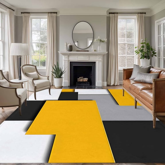 Black Yellow Patchwork Washable Living Room Rugs 8'x10', Geometric Abstract Art Low Pile Throw Large Area Rug Non-Slip Sturdy Edge Binding Carpet for Bedroom Dining Room Office