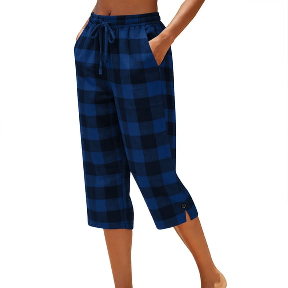 successthop Plaid Capris for Women Cropped Pant Drawstring Elastic Waist Button Slacks Plus Size Casual Bottoms Blue XL