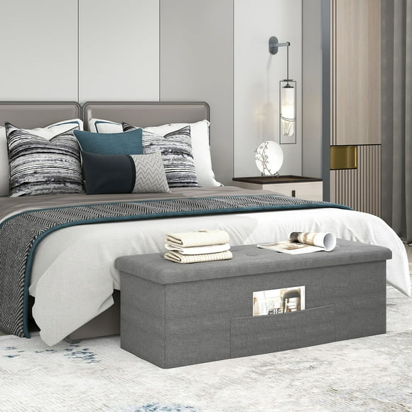 Giantex 43” Folding Storage Ottoman Bench, Linen End of Bed Bench w/Padded Seat, Pocket & Divider, Foot Stool Footrest Storage Chest, Grey