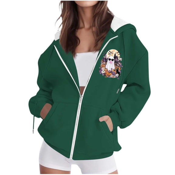 WAGUTH Women's Halloween Zip Up Hoodies Ghost Pumpkin Print Oversized Drawstring Hood Casual Long Sleeve Sweatshirt with Pockets,XXL