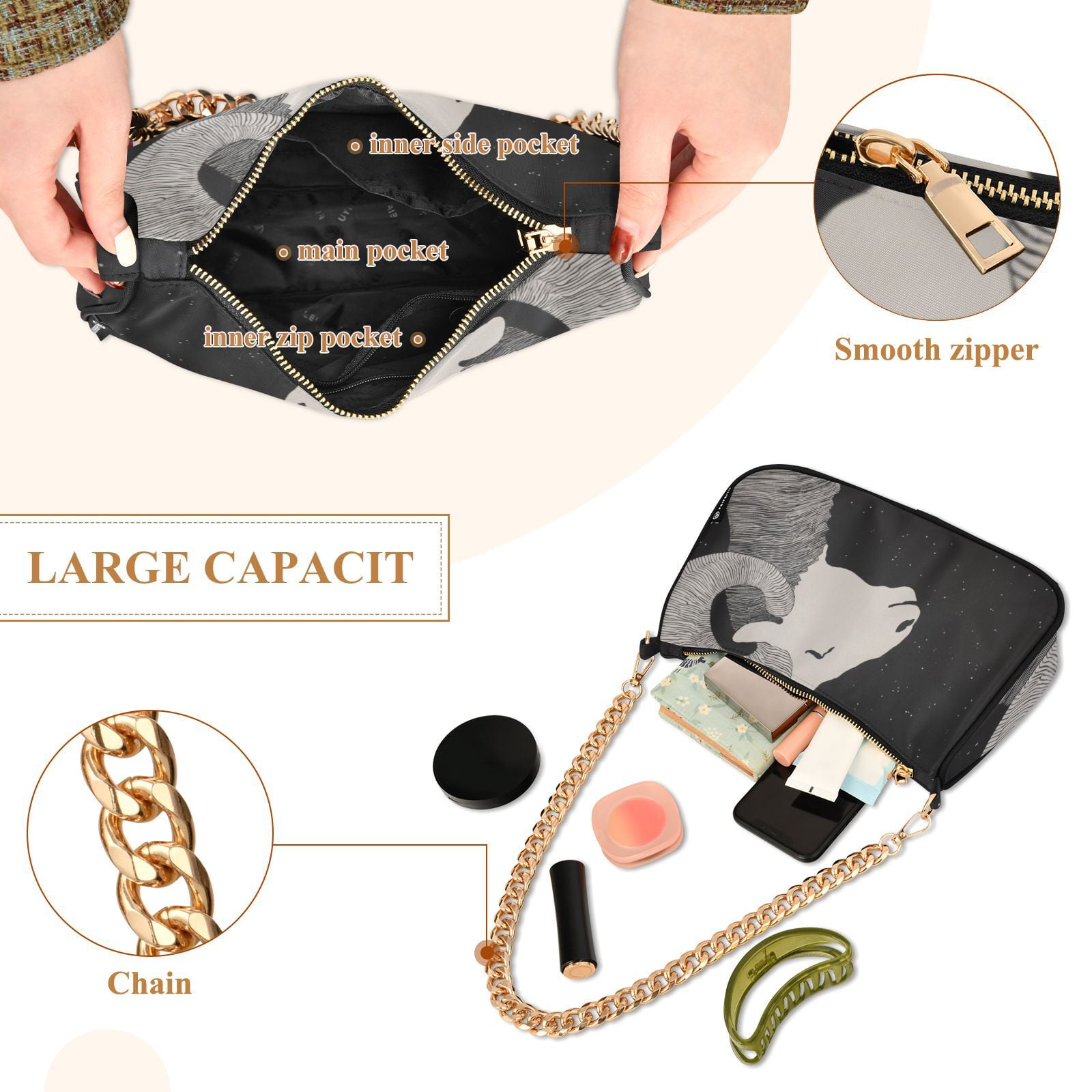 Sheep BlackWomen Small Shoulder Bag Crossbody Tote Hobo Bags Purse Clutch Handbags with Chain Strap for Women