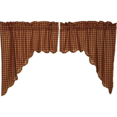 Burgundy Red Primitive Kitchen Curtains Burgundy Check Rod Pocket