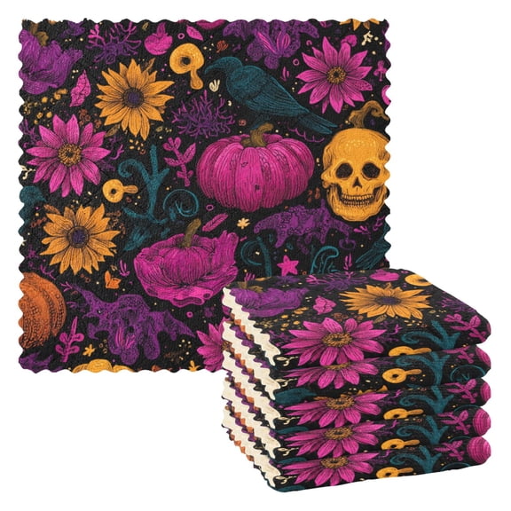 6 Pieces of Kitchen Towels 11x11Inch Kitchen Dish Cloths Kitchen Dish Towels Reuseable Cleaning Cloths Halloween Purple Pumpkin