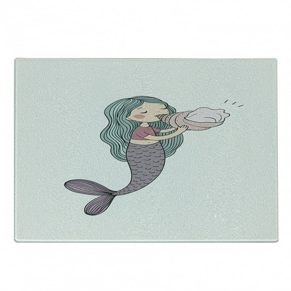 Mermaid Cutting Board, Character with a Seashell Mythological Underwater Cheerful, Decorative Tempered Glass Cutting and Serving Board, Small Size, Multicolor, by Ambesonne