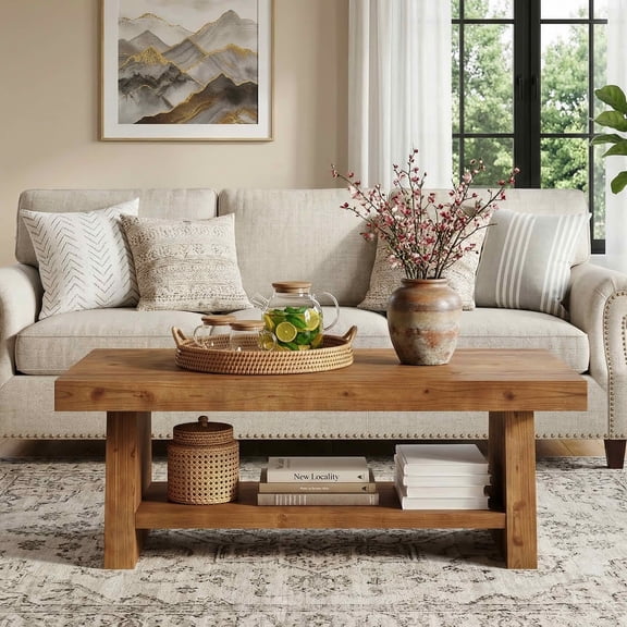 MAYEETY 47 Inch 2-Tier Solid Wood Coffee Table Farmhouse Storage Table