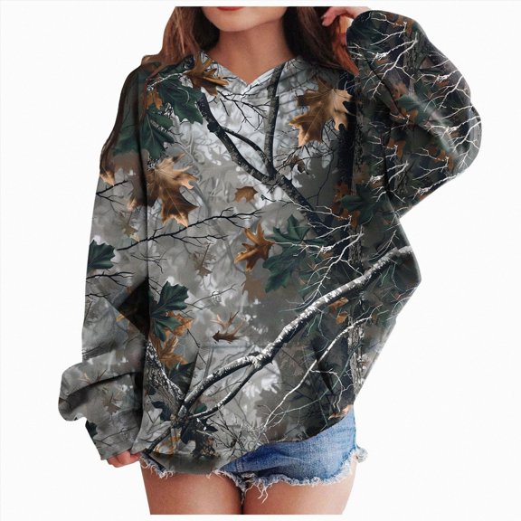 Gubotare Camo Hoodie Kids Cute Hoodies Maple Leaf Print Oversized Drop Shoulder Fleece Hooded Sweatshirt Pullover With Pocket (Dark Gray, 9-10 Years)