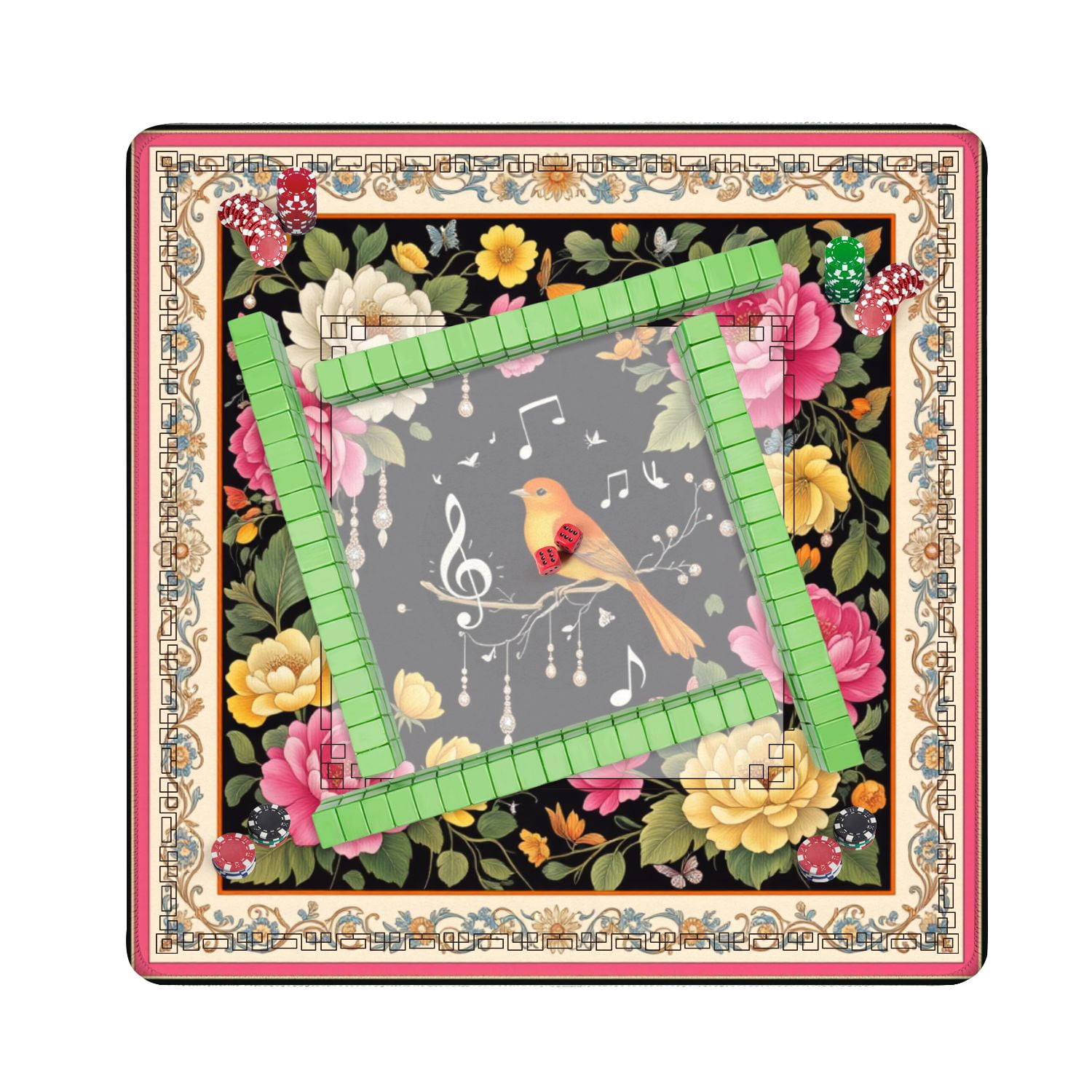 Mahjong Mat 31.5" x 31.5" Colorful Floral Peonies Butterflies Singing Bird Black Non-Slip Noise Reduction American Mahjong Tiles Table Cover for Dominoes Poker Card Board Games Gift