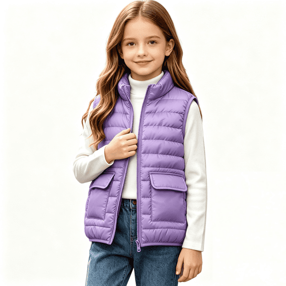 Kids Sleeveless Puffer Vest Zip Up Quilted Jacket with Flap Pockets Size 8-9