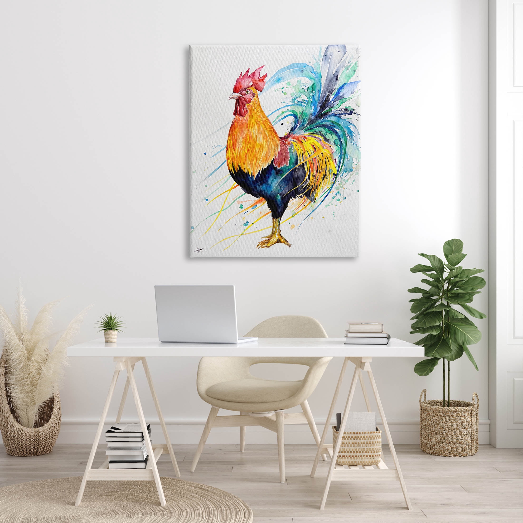 Modern Rooster Rainbow Splatter Animals & Insects Graphic Art Gallery Wrapped Canvas Print Wall Art