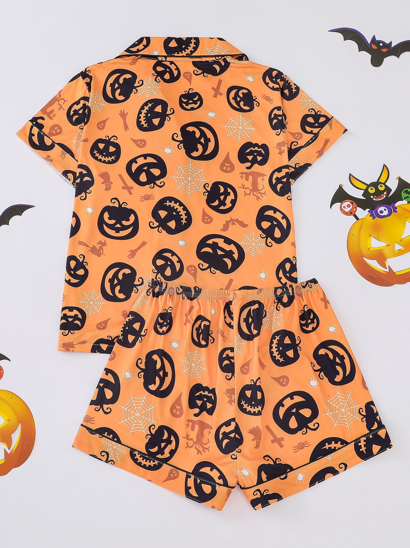 Emy Dola Women Halloween Silk Pajamas Sets 2 Piece Button-Down Satin Sleepwear Ghost Pumpkin Skull Print Short Sleeve Loungewear S-2XL