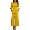 thumbnail image 3 of Laqbezok Women's Cotton Linen 2-Piece Set, Casual 3/4 Sleeve Button Down Shirt and Wide Leg Pants Outfit, Loose Fit Solid Color Summer Lounge Tracksuit with Pockets, 3 of 6