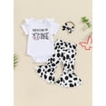 thumbnail image 4 of Aojekbee Baby Girl 1st Birthday Outfit Letter Print Short Sleeve Romper with Cow Pattern Flare Pants and Headband, 4 of 10