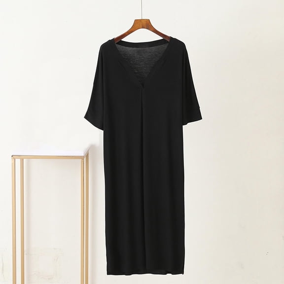 Aobny Womens Nightgowns Moomoo Short Sleeve Modal Sleep Dresses Solid V-Neck Knee Length Black Womens Sleep Shirts,L