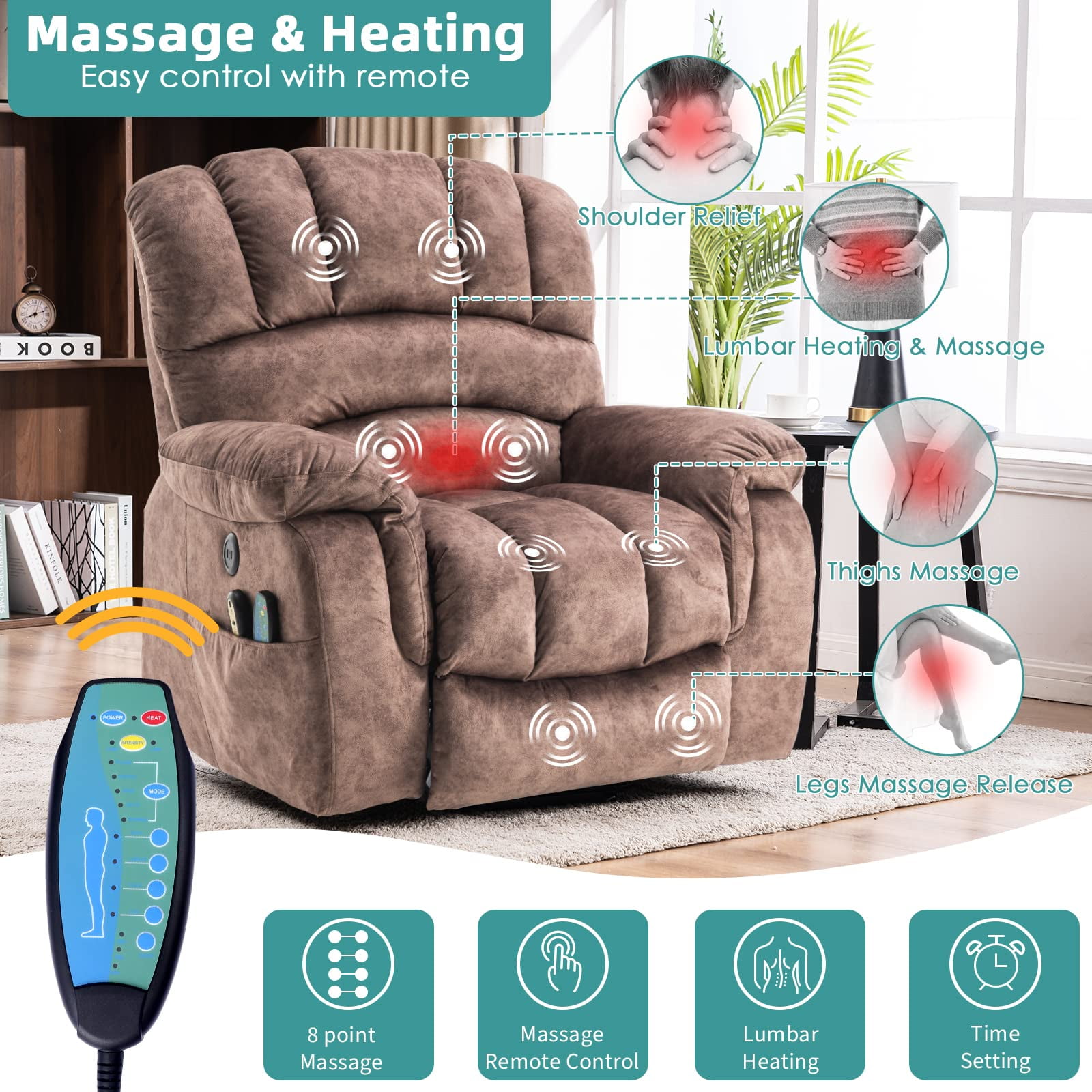 MEETWARM Large Power Lift Electric Recliner Chair with Massage and Heat, Overstuffed Wide Recliner for Elderly Big People, Heavy Duty Recliners with 2 Remote Controls, USB Ports, 2 Side Pocket (Brown)