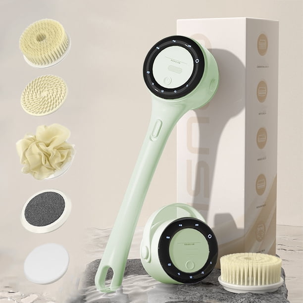 Cepillo Corporal Automático | Exfoliante Giratorio de 360° para La Espalda | 5 Cabezales Intercambiables | 3 Velocidades | Resistente Al Agua Ipx7 y Recargable | Blanco/Verde