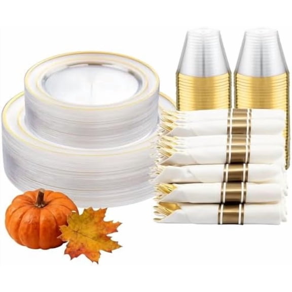 210PCS Clear Gold Plastic Dinnerware Set Thanksgiving Plates Disposable Fancy Platos for Party Include: 30 Dinner Plates, 30 Dessert Plates, 30 Pre Rolled Napkins with Gold Silverware, 30 Cups