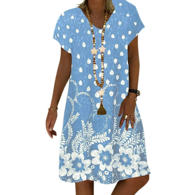 Womens Plus Size Floral Short Sleeve Midi Dresses Summer V Neck Beach ...