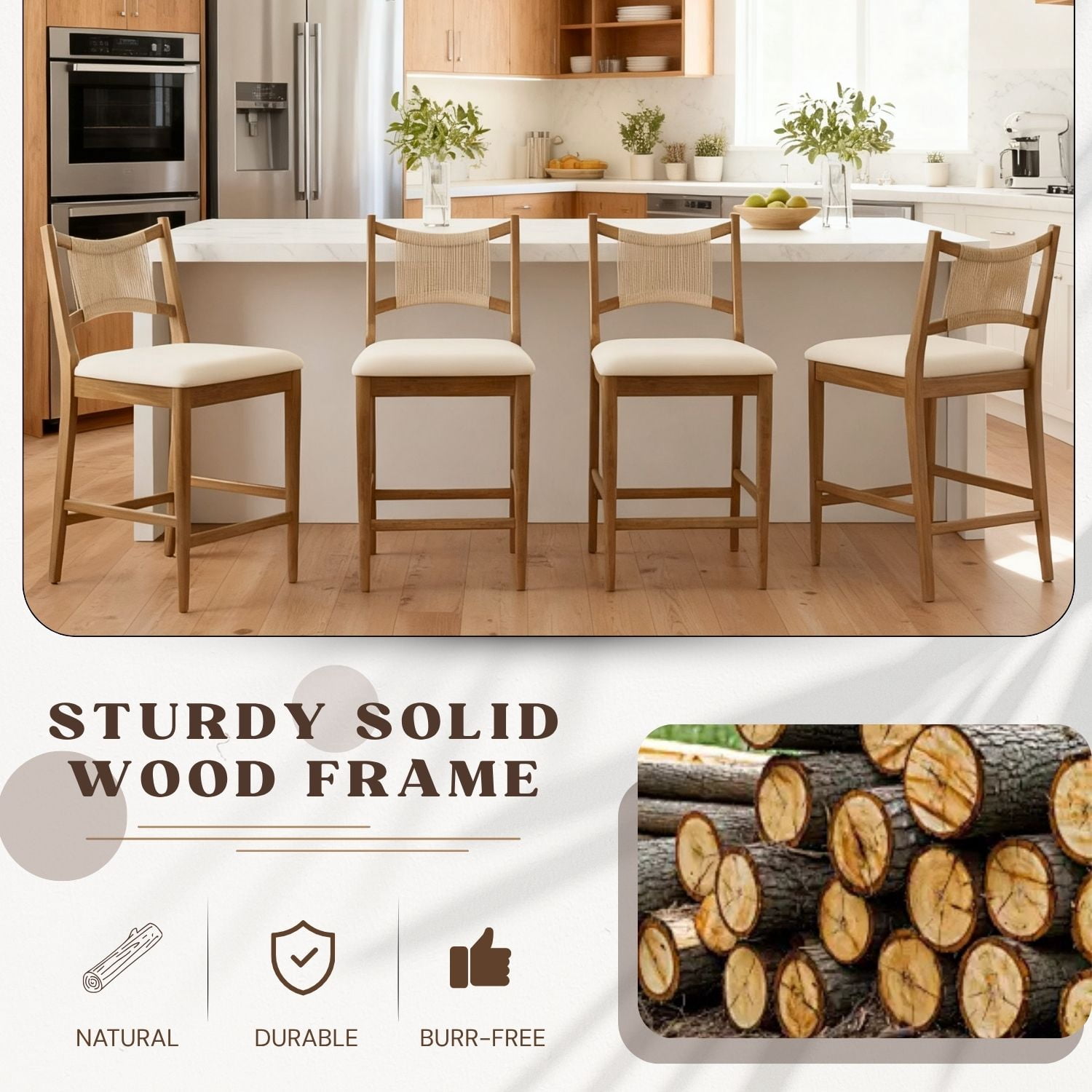 Dayalane Farmhouse Bar Stools Set of 6, 25.5" Counter Height Bar Stools with Paper Cord Woven Back and Solid Wood Frame, Chenille Upholstered Kitchen Island Chairs for Bar Restaurant Kitchen, Beige