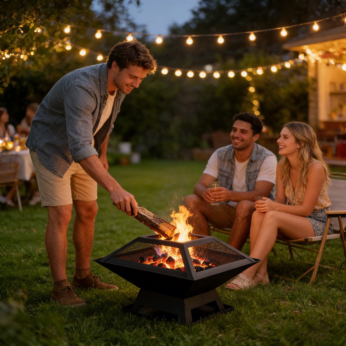Outdoor Fire Pit, 19" Firepit, Segmart Wood Burning Fire Pit, Fire Pits for Outside, Fire Pit Table with Lid, Grill, Poker, Square Metal Firepit Table For Outside Patio, Black